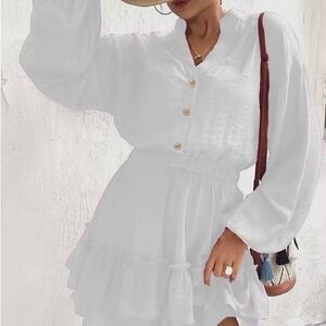 White Tiered V-Neck Button-Front Women’s Dress